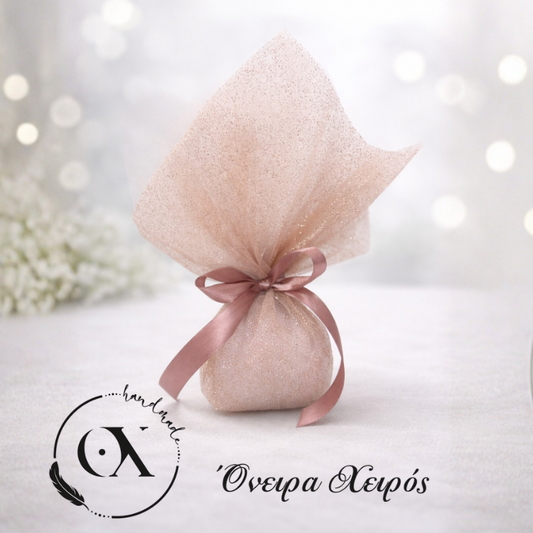 Μπομπονιέρα με ροζ χρυσό τούλι και σατέν κορδέλα