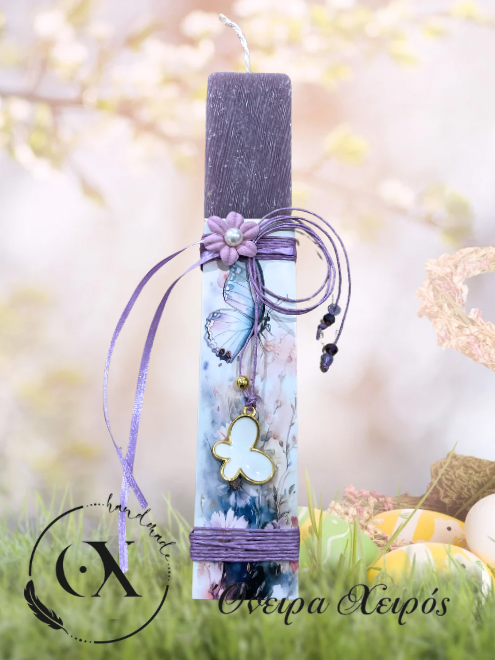 Πλακέ αρωματική λαμπάδα σε ροζ και μωβ λιλά απόχρωση με σελιδοδείκτη πεταλούδες και κολιέ πεταλούδα Λ2617 - Όνειρα Χειρός  Ο μαγικός κόσμος του χειροποίητου...