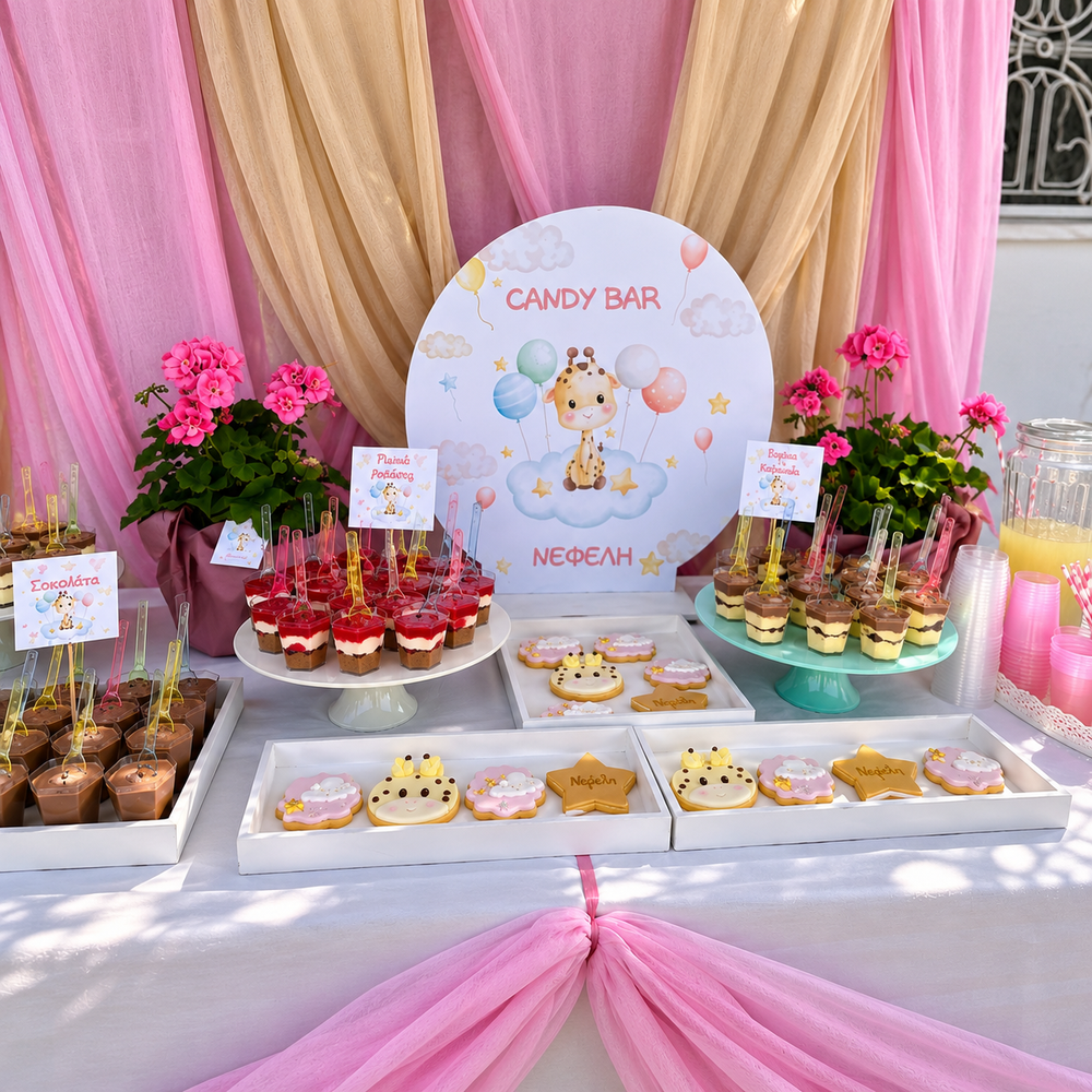 Στολισμός Βάπτισης Καμηλοπάρδαλη & candy bar στον Ι.Ν. Κοιμήσεως Θεοτόκου στην Αργυρούπολη 