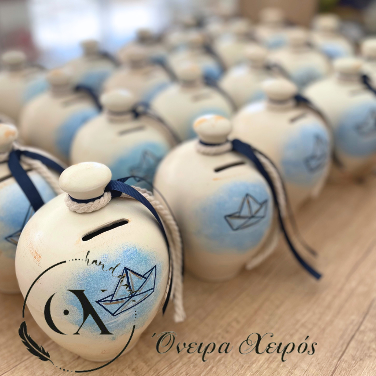 Μπομπονιέρα βάπτισης Κεραμικός κουμπαράς με ζωγραφισμένο καράβι