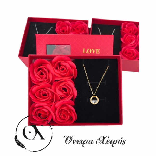 Ρομαντικό κολιέ κλεψύδρα σε εντυπωσιακό κουτί πολυτελείας με μικρά τριανταφυλλάκια Β2610