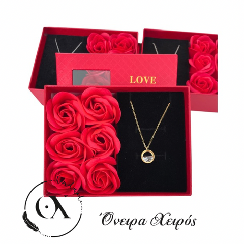 Ρομαντικό κολιέ κλεψύδρα σε εντυπωσιακό κουτί πολυτελείας με μικρά τριανταφυλλάκια Β2610