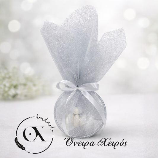 Μπομπονιέρα κρίκος με ασημί γκλιττερ τούλι