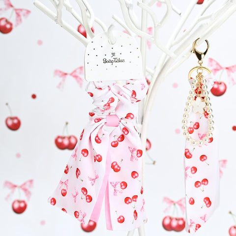 scrunchie με κερασάκια μαντήλι από τη σειρά Cherry Bloom για μικρή και μεγάλη γυναίκα δώρο για κάθε κοπέλα