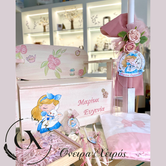 Ζωγραφισμένο σετ βάπτισης Αλίκη στη χώρα των θαυμάτων