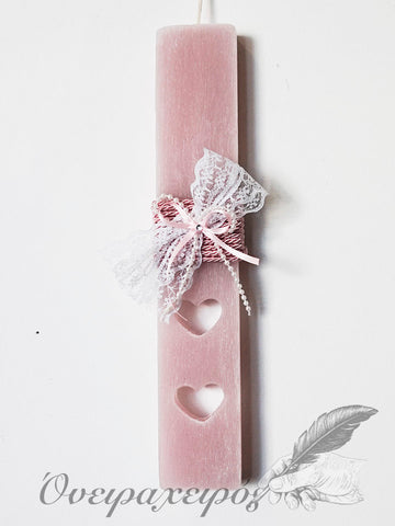 Ρομαντική αρωματική λαμπάδα σε ροζ απόχρωση με δαντέλα Λ75 - Όνειρα Χειρός  χειροποίητα δώρα