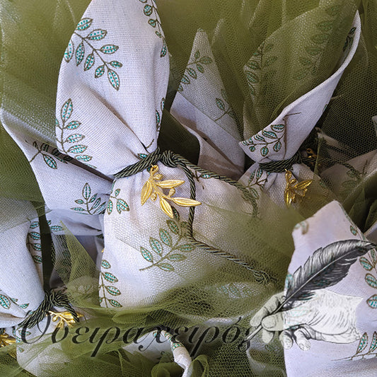 μπομπονιέρα γάμου ελιά με πουγκί και κλαδί ελιάς