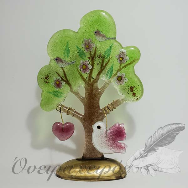 Δέντρο από χυτό γυαλί σε μπρούντζινη βάση με πουλάκι και καρδούλα - Όνειρα Χειρός  χειροποίητα δώρα