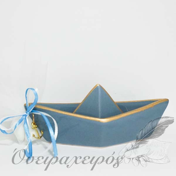 Μπομπονιέρα Βάπτισης με σιέλ κεραμικό καράβι και χρυσή πατίνα - Όνειρα Χειρός  χειροποίητα δώρα