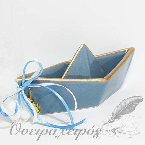 Μπομπονιέρα Βάπτισης με σιέλ κεραμικό καράβι και χρυσή πατίνα - Όνειρα Χειρός  χειροποίητα δώρα
