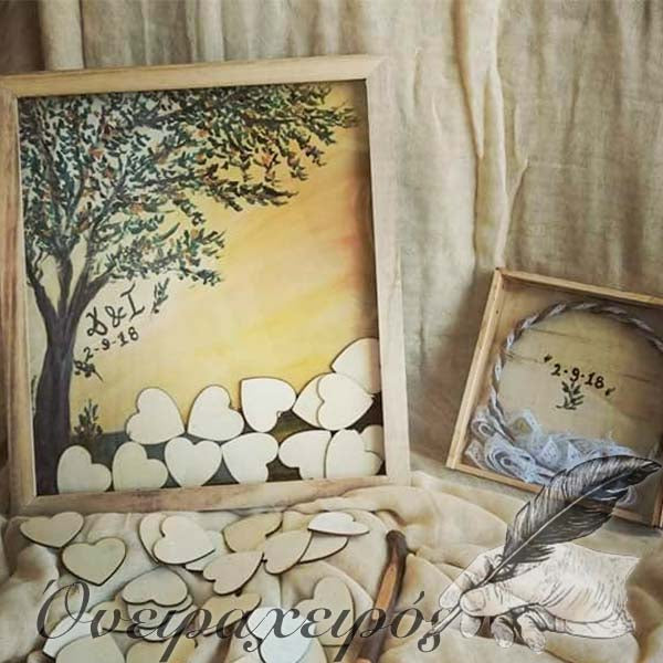 Ξύλινο Ζωγραφισμένο ευχολόγιο γάμου κορνίζα με τα μονογράμματα του ζευγαριού με θέμα την ελιά και στεφανοθήκη - Όνειρα Χειρός  χειροποίητα δώρα