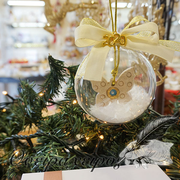 Πρωτότυπη χριστουγεννιάτικη μπάλα δέντρου για νεογέννητο με κεραμική πεταλούδα σε χριστουγεννιάτικη συσκευασία δώρου - Όνειρα Χειρός  χειροποίητα δώρα