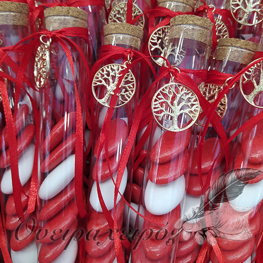 μπομπονιέρα με κόκκινα κουφέτα δέντρο τησ ζωής χριστουγεννιάτικη μπομπονιέρα γάμου