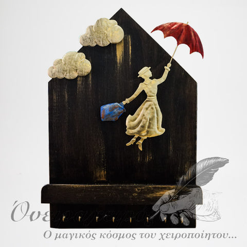 Χειροποίητη ξύλινη κλειδοθήκη τοίχου με ραφάκι σε σχέδιο Mary Poppins - Όνειρα Χειρός  χειροποίητα δώρα
